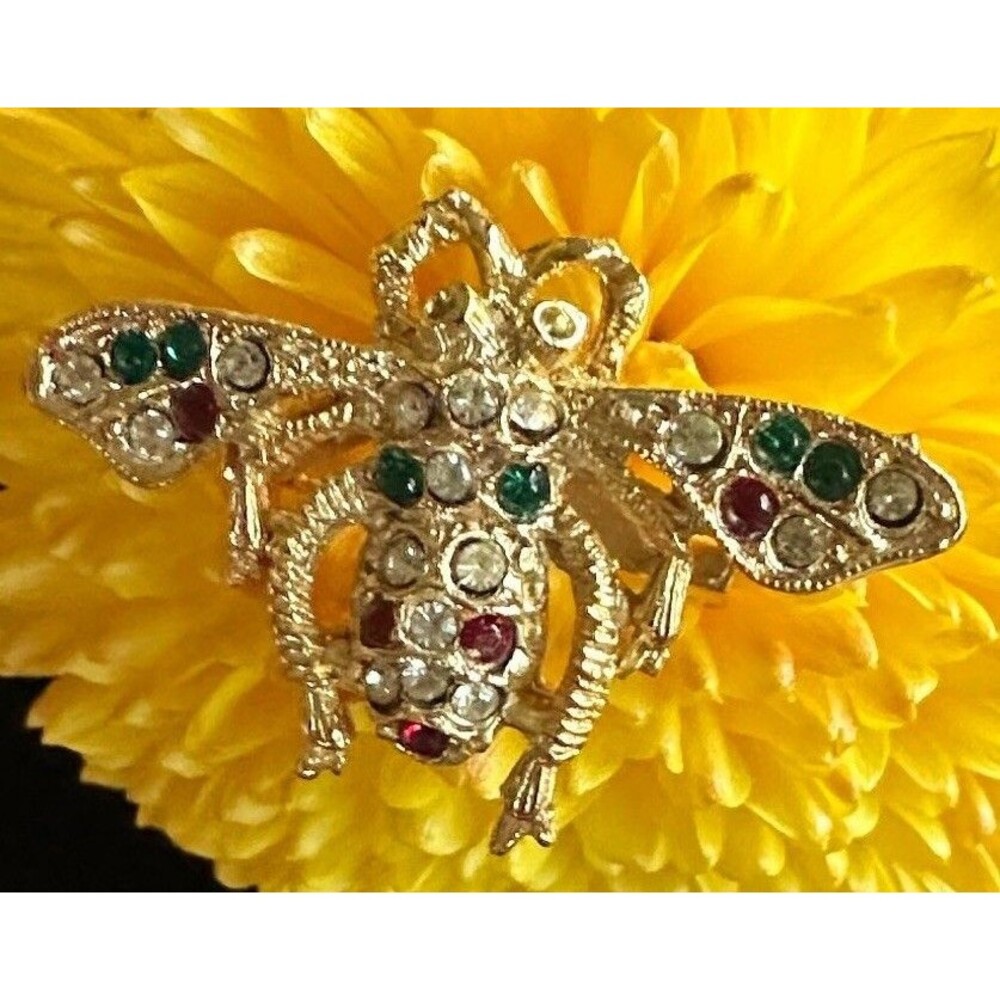 Vintage Clear Green Red Rhinestone Studded Bee Gold Tone Brooch Pin